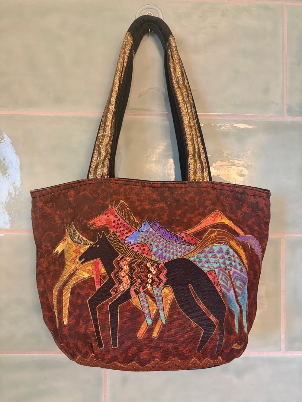 Laurel Burch Multicolor Horse Tote in Brown with Gold Handles